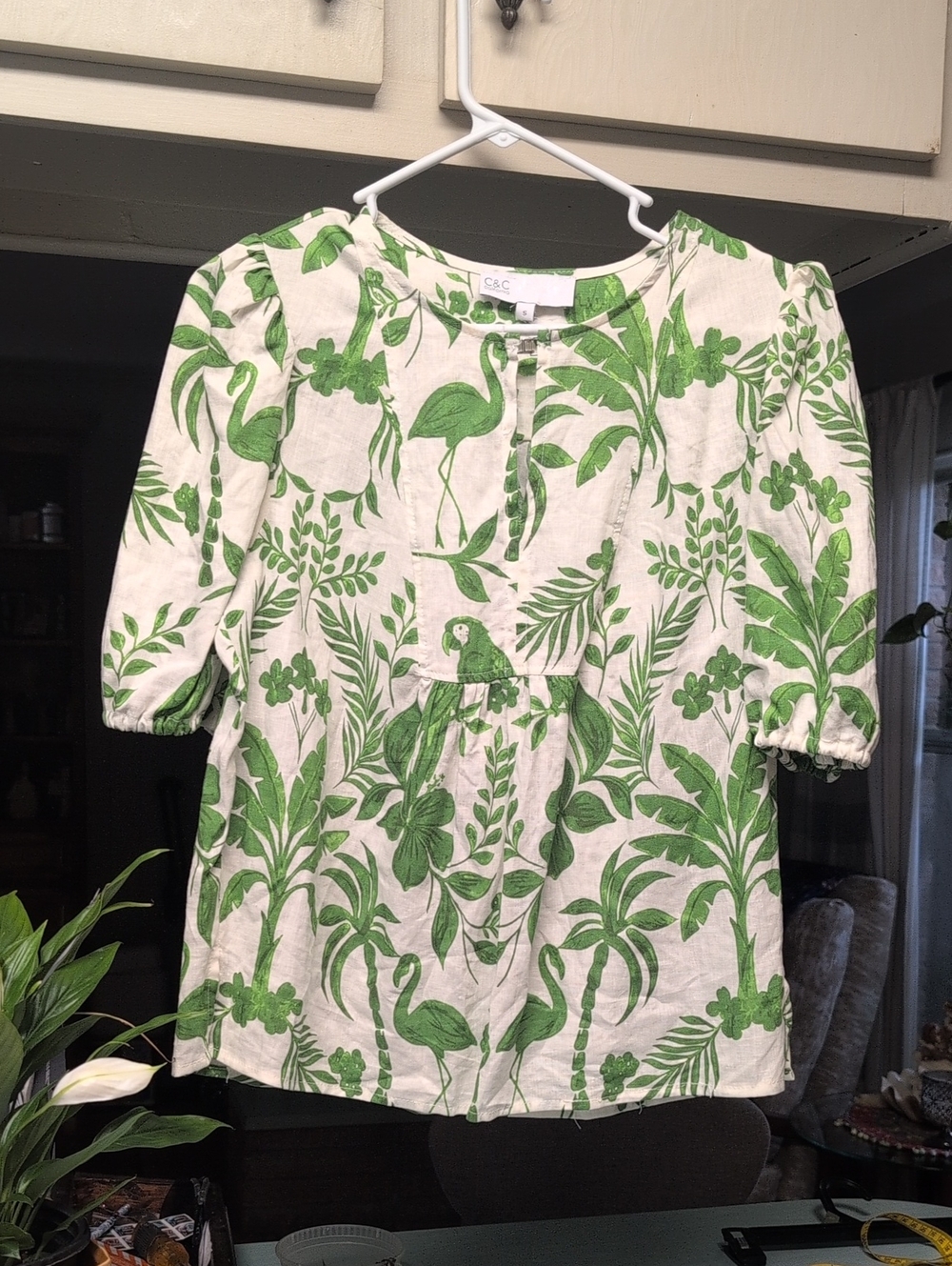 Tropical Print Linen Blend Top.